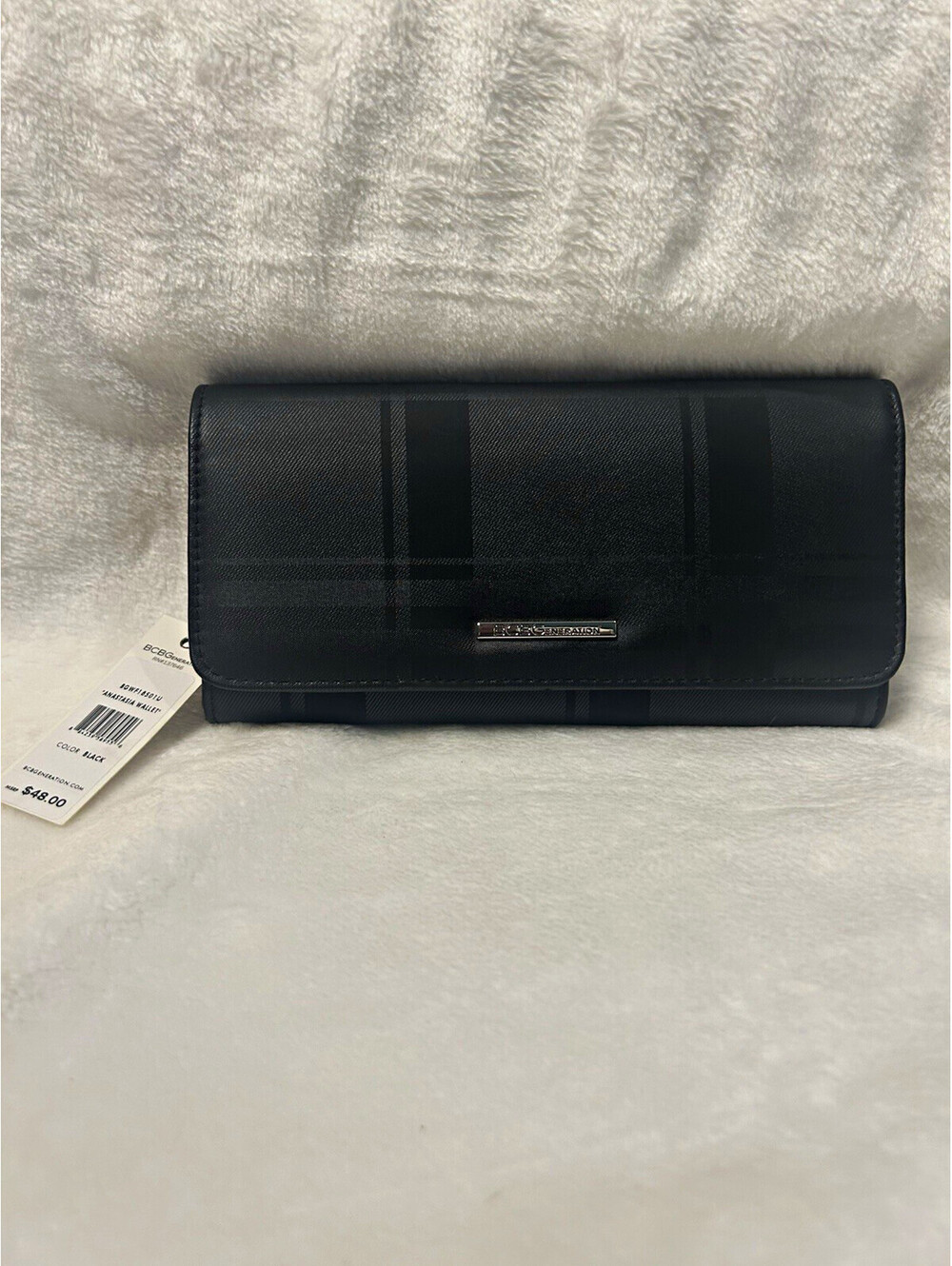 BCBGeneration Women’s Plaid Checkbook Wallet, Black/Gray Foldover Logo